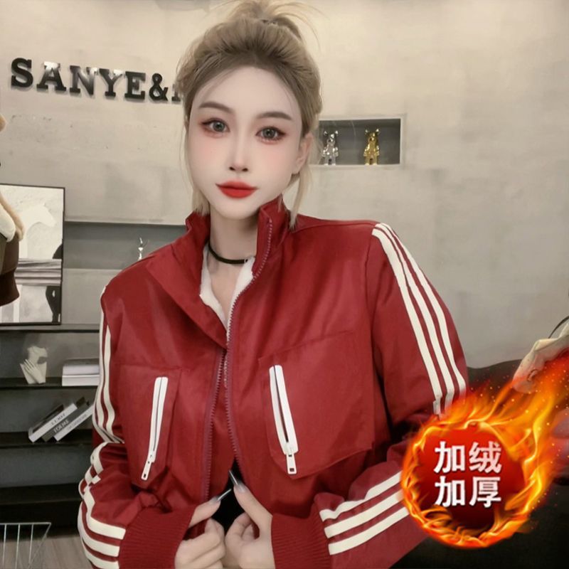 ファッショナブルなカジュアルベルベットジャケット女性のための秋と冬の 2024 新しいルーズスタイルショートオートバイ野球ユニフォームトップ