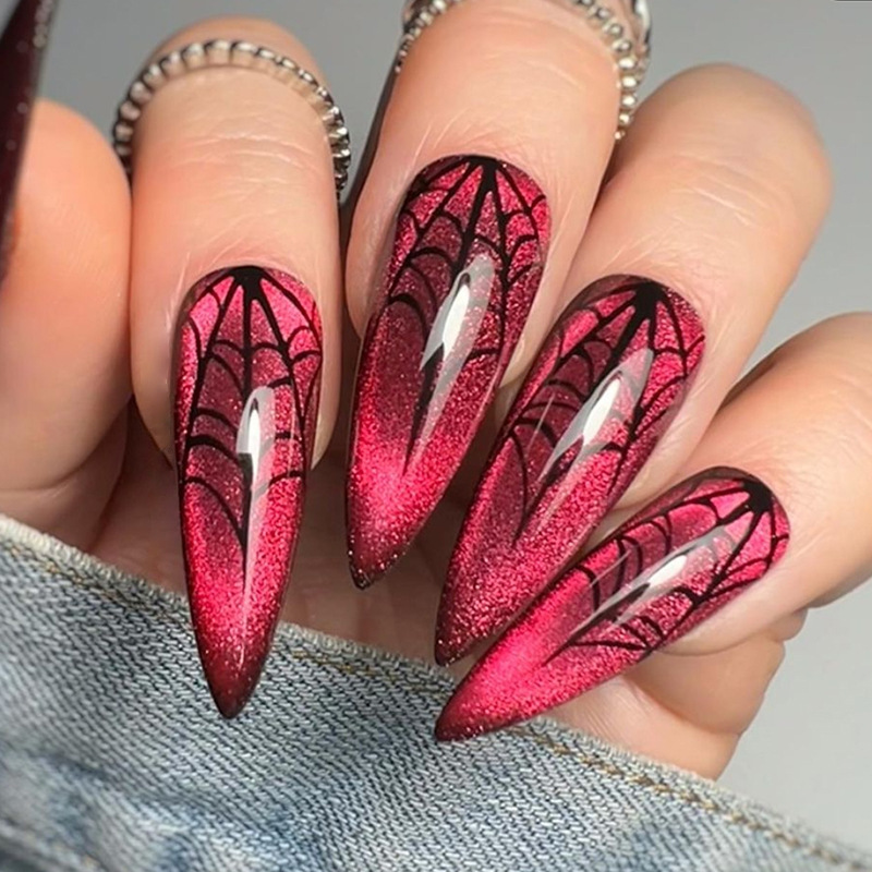 Cross-border wearing nail art red cat's eye spider web Halloween nail art pieces European and American pointed nail pieces wholesale