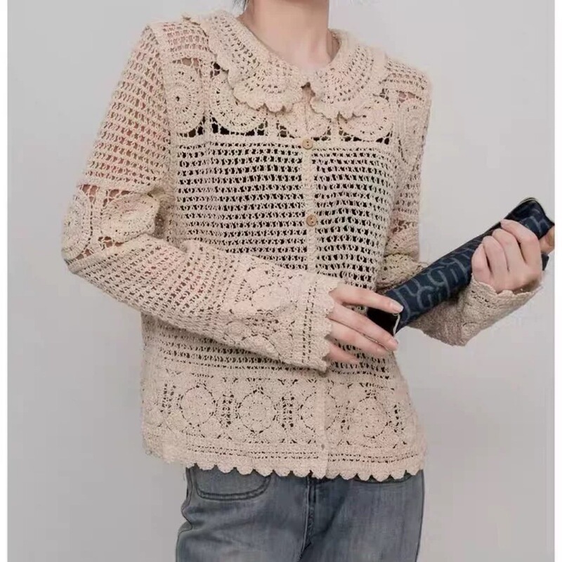 45-75kg % Cotton Versatile Doll Collar Knitted Cardigan Korean Style Hook Pattern Hollow Design Outer Wear Long Sleeves 45-75kg % Cotton Versatile Doll Collar Knitted Cardigan Korean Style Hook Pattern Hollow Design Outer Wear Long Sleeves