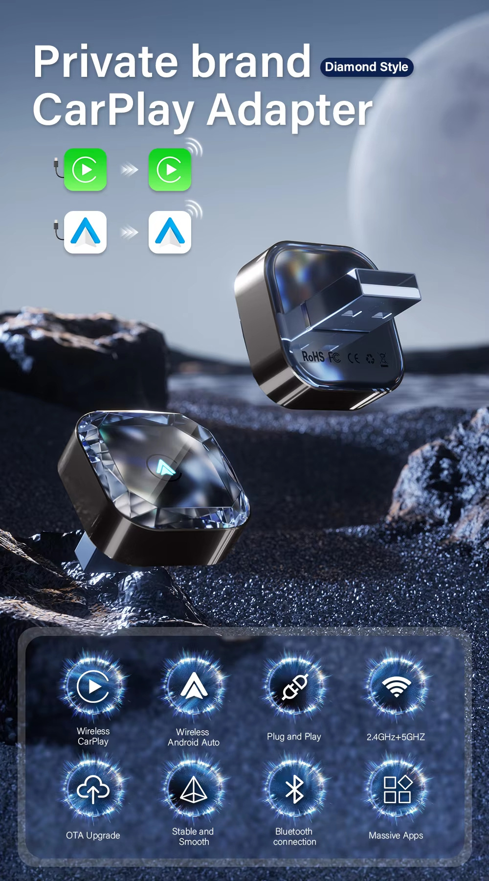 Hot Selling Diamond Carplay Car-Machine Interconnection Box with Cooling Holes Horizontal Plug-In 2in1 Wireless Caplay Box