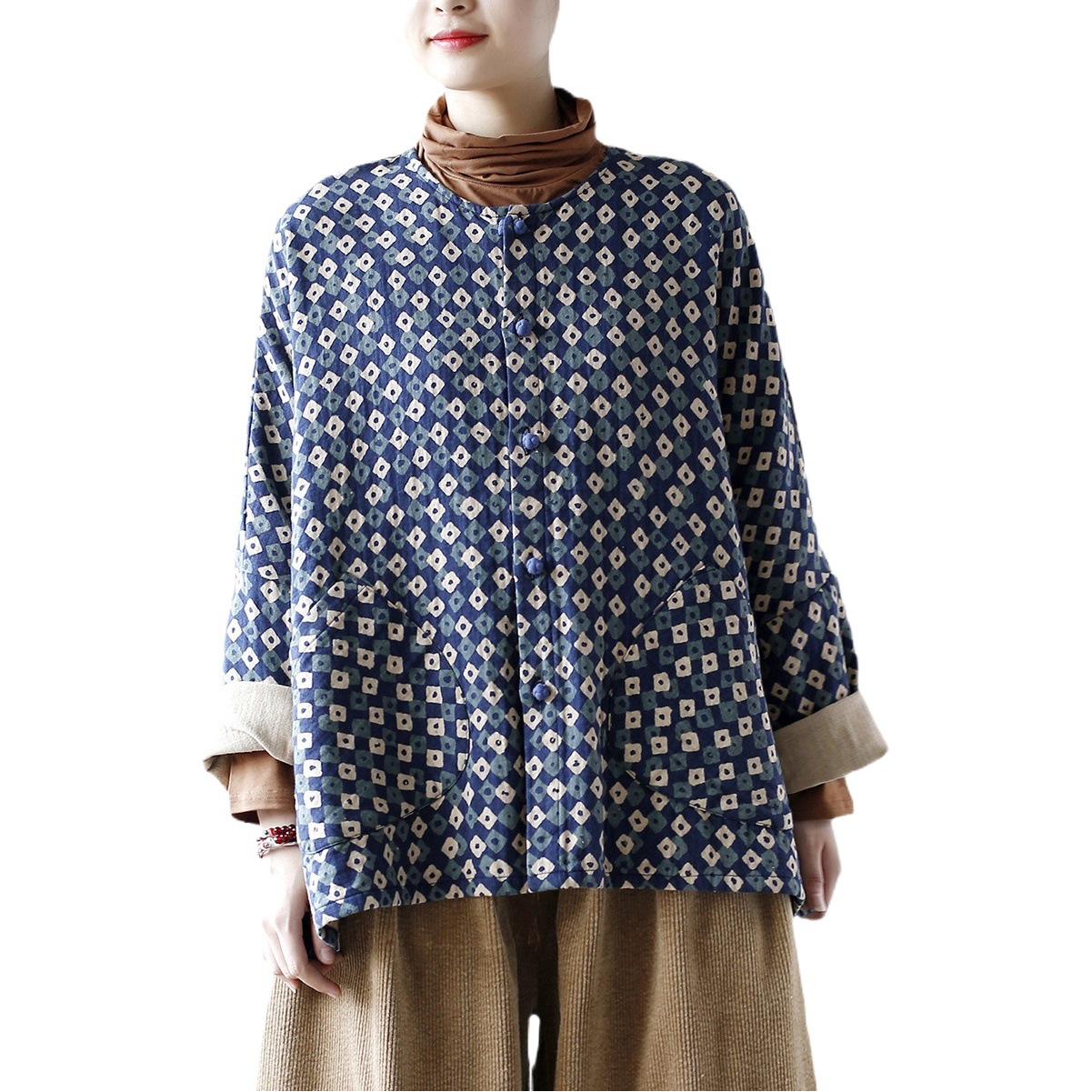 23103 Xi Mo original artístico retro cuello redondo suelta Batwing manga hebilla superior de las mujeres estilo étnico abrigo