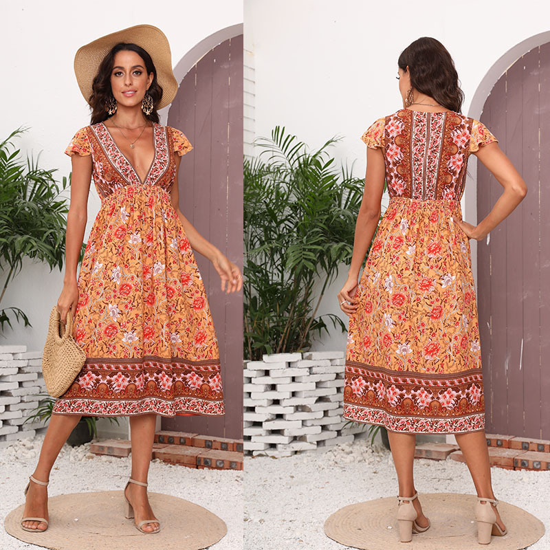 Europeo y americano transfronterizo primavera y verano Comercio exterior nueva ropa de mujer deseo Amazon V-cuello manga corta impreso vestido midi
