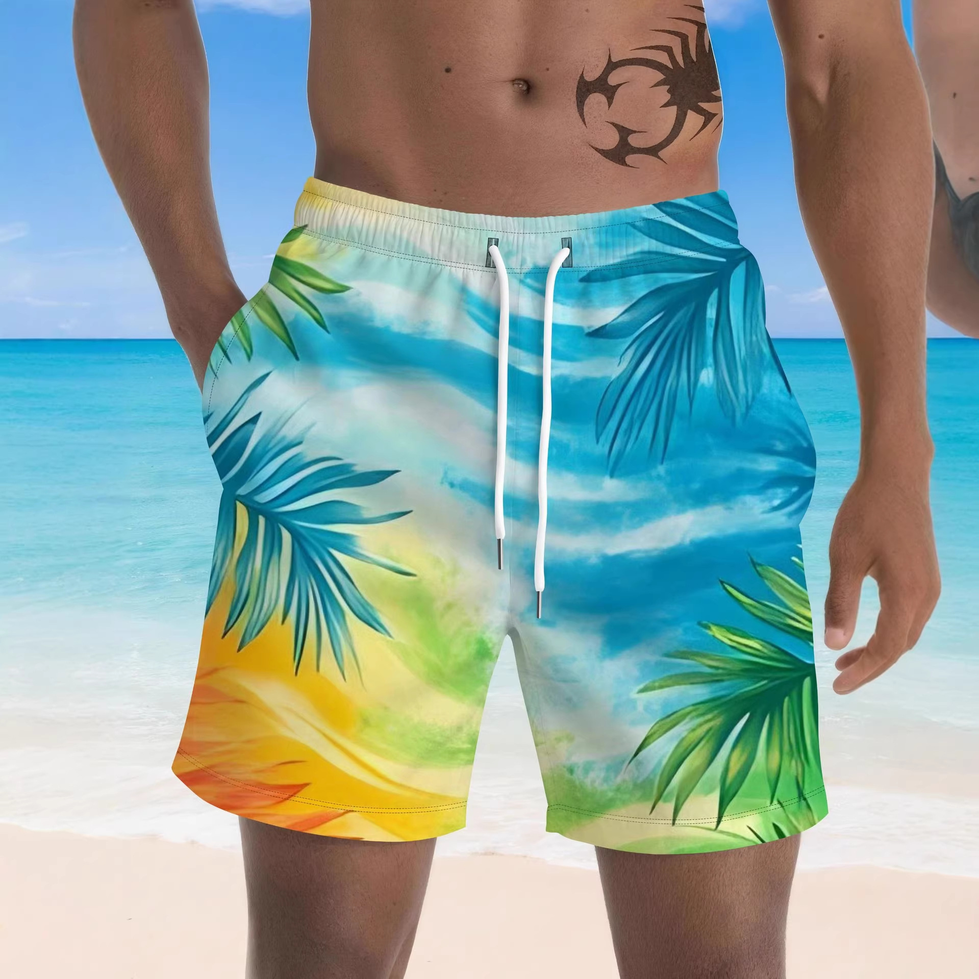 Men's 3D Digital Print Quick-Dry Shorts Tropical Palm Tree Design Summer Beach Swim Trunks_viptrois.com