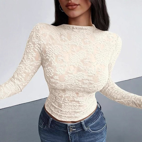 2025 European and American Mesh Women's Lace Sexy See-Through Business Collar Floral Autumn Shirt Party Club Clothing