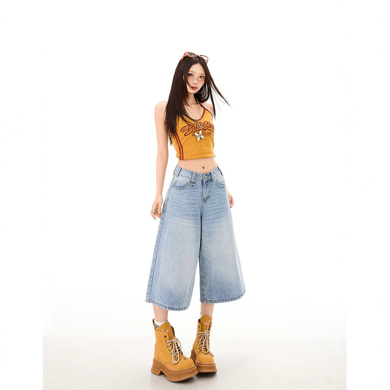 Light-Colored Wide-Leg Cropped Jeans for Women, Summer Thin Style, 2026 New Model, High-Waisted, Loose Fit, Plus Size, Over-The-Knee Straight Pants