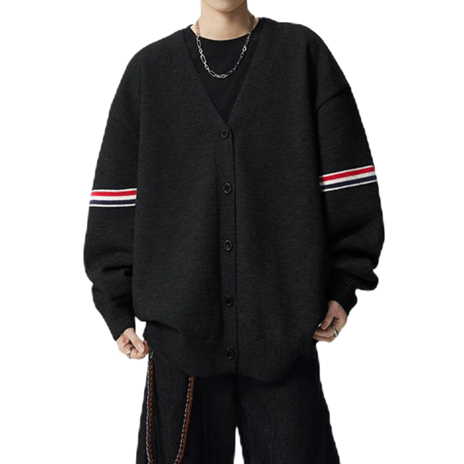 Explosiones transfronterizas de tamaño europeo de gran tamaño V-cuello Cardigan chaqueta camiseta de punto suéter de color masculino rayas de fábrica al por mayor