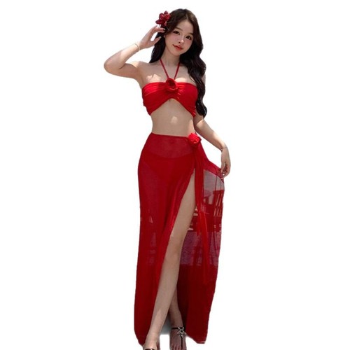 Bikini Swimwear Set, Separate Three-Piece Dress, Solid Color, Sexy, White-Toning, Pure Desire Style, Body-Concealing, Slimming, Vacation, Hot Spring