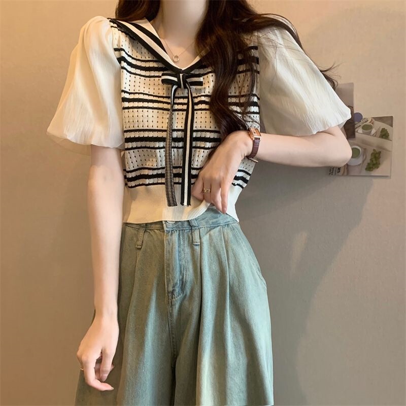 2026 New Summer Style Korean Style Preppy Style Navy Collar Puff Short-Sleeved Slim Striped Knitwear Top for Women
