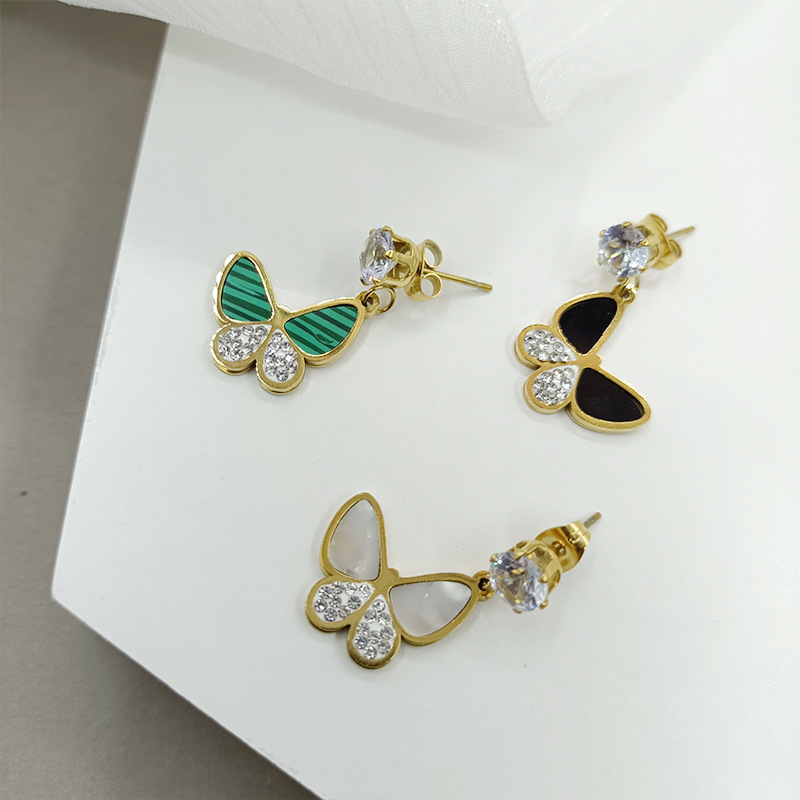 Sweet Butterfly Stainless Steel Inlay Shell Zircon Drop Earrings 1 Pair display picture 5