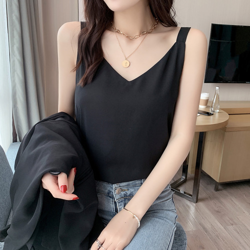 Women's Sheer Straps Camisole Top  Summer V-Neck Double Layer Loose Fitting Slimming Outerwear and Innerwear White Base Shirt Top