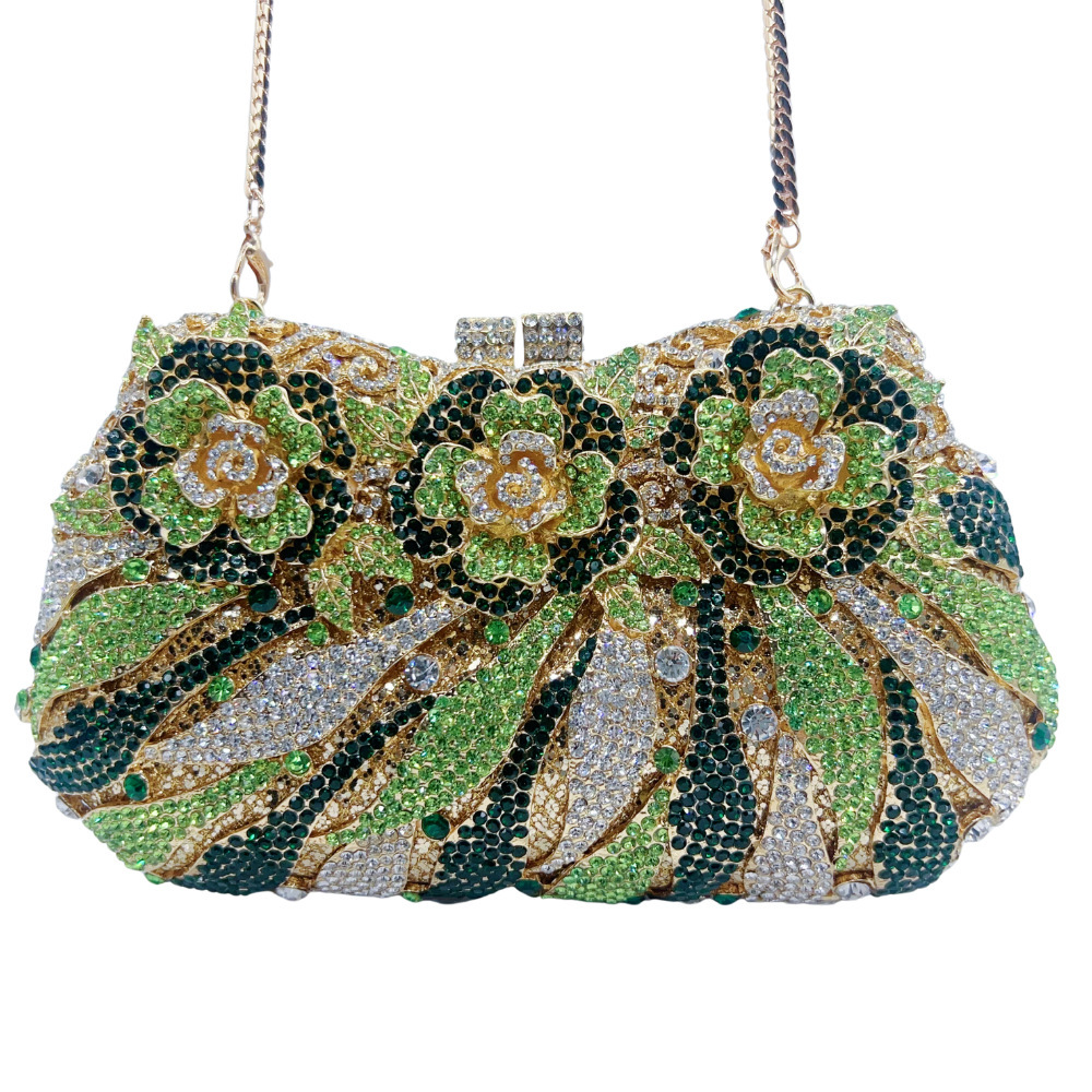 Stone clutch cross-border nuevo bolso de cena de diamantes rosados caja metálica hueca de diamantes bolso de mano de mujer