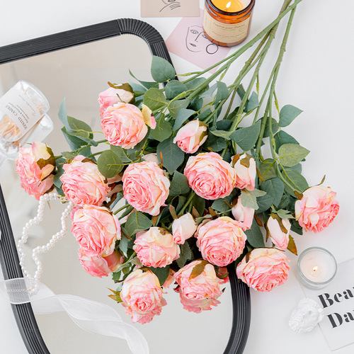 Long-stemmed baked edge 5-headed coral rose artificial flower bouquet home decoration flower wedding props cross-border decoration flower