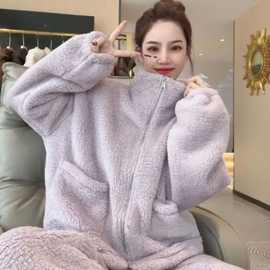 2025新款秋冬季珊瑚绒睡衣女加厚加绒套装拉链保暖外穿家居服套装