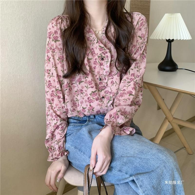 (2개) 핑크 꽃 쇼트 탑 여성 초가을 착용 짧은 V 넥 셔츠 프랑스 세련된 쉬폰 긴팔 셔츠