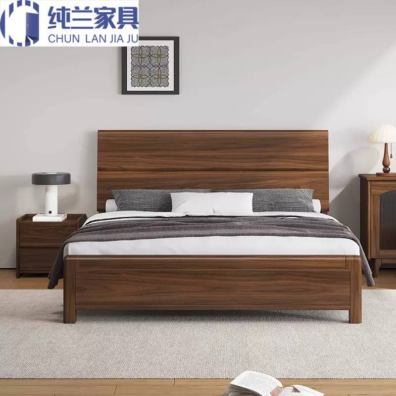 黑胡桃木实木床1.8米中式大板双人床直拼1.5高箱储物收纳卧室家具