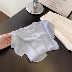 ブルーリボン刺繍薄手ニット半袖Tシャツレディース2025夏新作中空ショルダーシャツトップ