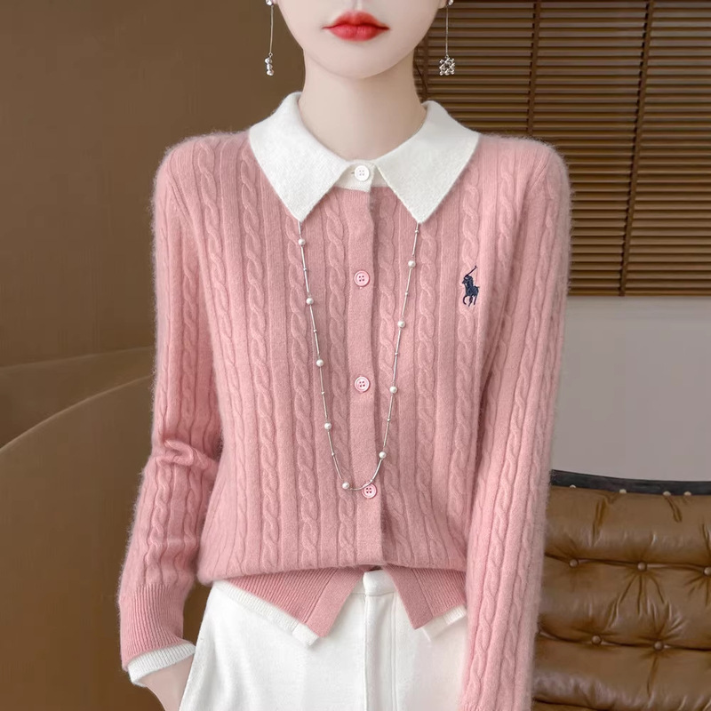 26 Spring and Autumn New Style 100% Pure Wool Cardigan for Women with Lapel, Color-Blocking, Embroidered Sweater, Loose Cashmere Knit Jacket 26 Spring and Autumn New Style 100% Pure Wool Cardigan for Women with Lapel, Color-Blocking, Embroidered Sweater, Loose Cashmere Knit Jacket