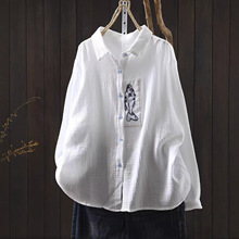 秋季新款双层棉纱小鱼刺绣文艺简约百搭衬衫25616