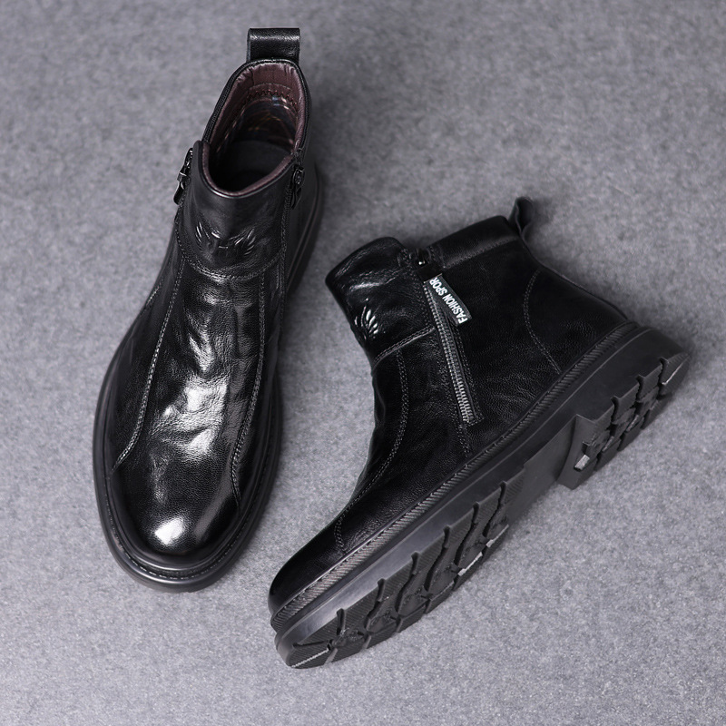 Primera capa de piel de oveja de los hombres Martin botas de cuero de alta overoles botas slip-on forrado de lana caliente de la motocicleta botas de cuero zapatos de los hombres de moda