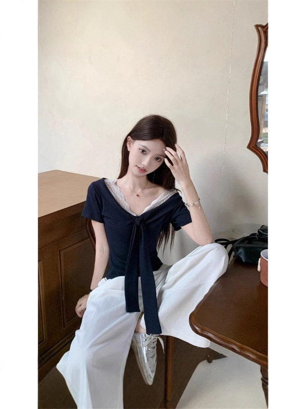【自家工厂现货】v领蕾丝拼接绑带短袖T恤女夏季正肩撞色修身上衣|undefined
