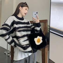 慵懒风软糯毛衣秋冬款仿马海毛条纹针织衫显瘦宽松百搭外套上衣女