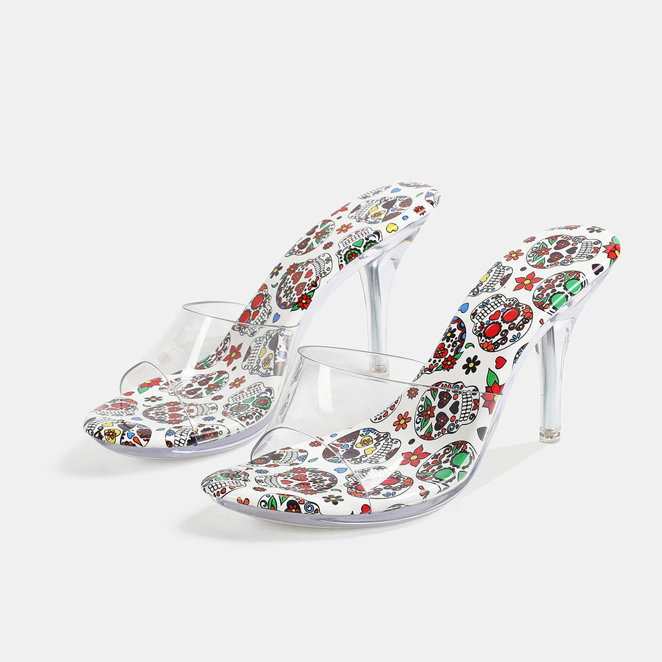 Giày sandal nữ quai ngang gót nhọn siêu cao lộ ngón chân, đế trong suốt pha lê nhiều màu, form rộng — trắng, đen