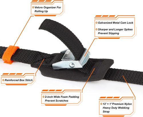 Zinc alloy clamping strap with cam lock buckle and protective pad, adjustable roof rack strap