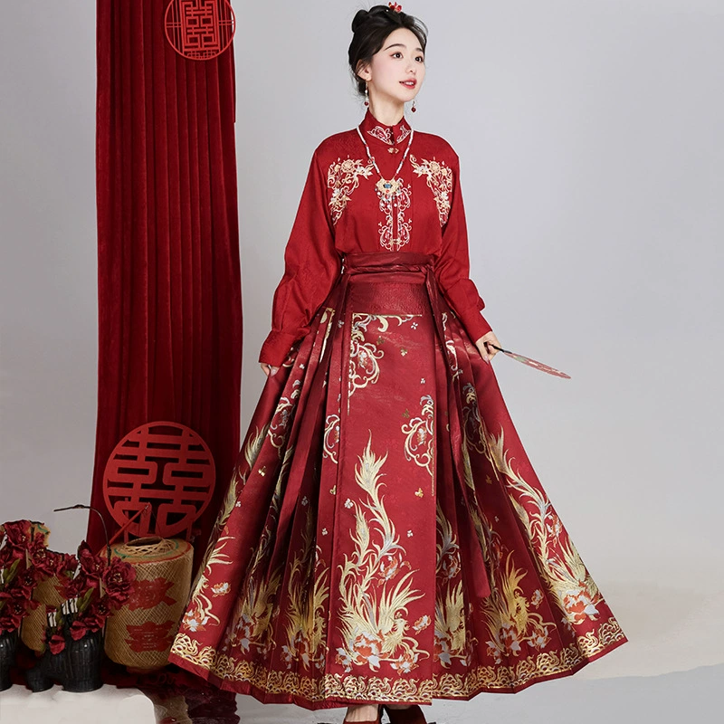 Set, Hanfu, red spring evening dress, Chinese style