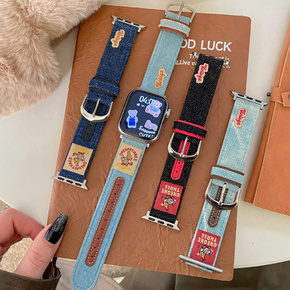 Embroidered Denim and Leather Strap Suitable for Apple iWatch 11 Generation 10/987Ultrase
