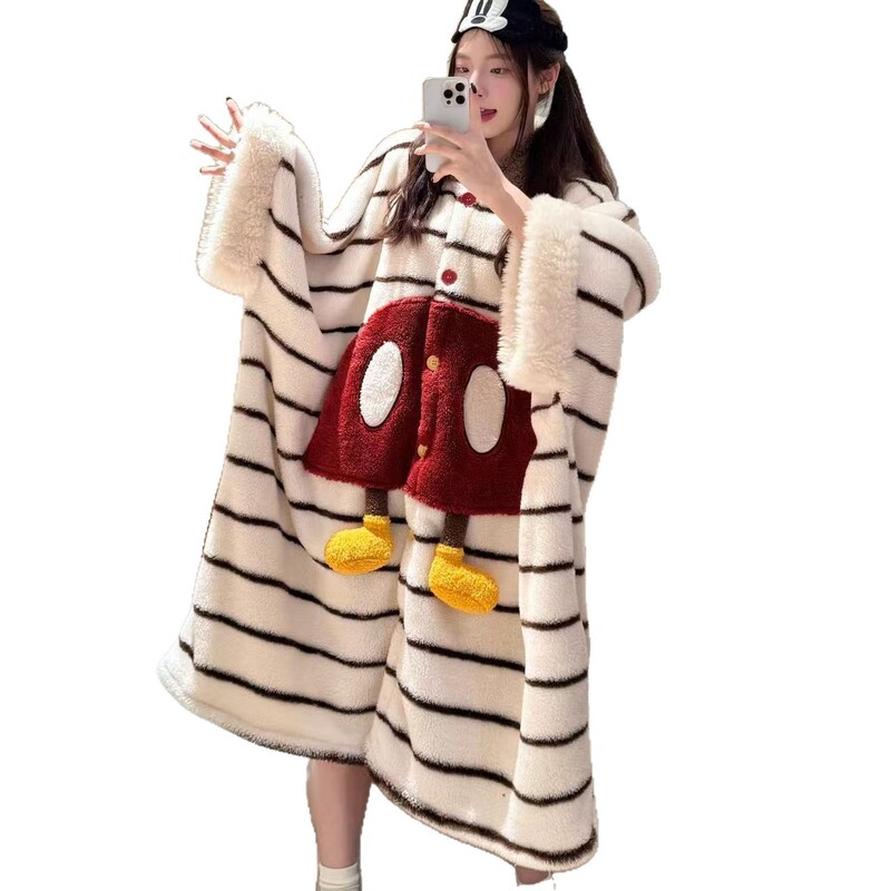 卡通米奇甜美连帽珊瑚绒睡袍女冬季新款家居服加厚保暖睡裙可外穿|undefined