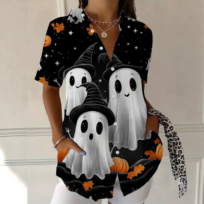 Cross-border Halloween-themed funny ghost print short-sleeve shirt, women's loose-fitting casual top with a collar