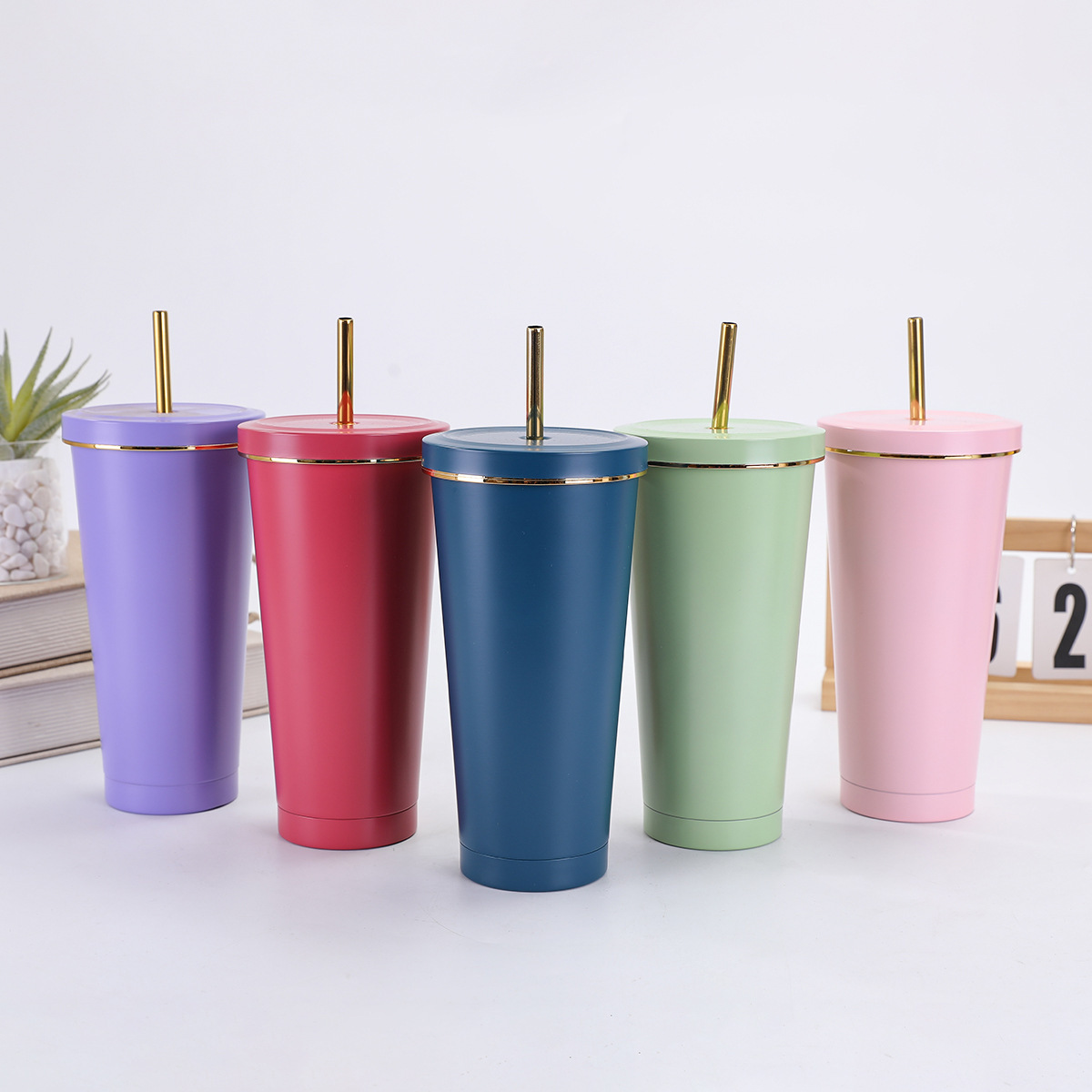 Taza de paja de acero inoxidable de doble capa de gran capacidad 750ml taza de café de perla vacío de mano taza de automóvil de hielo
