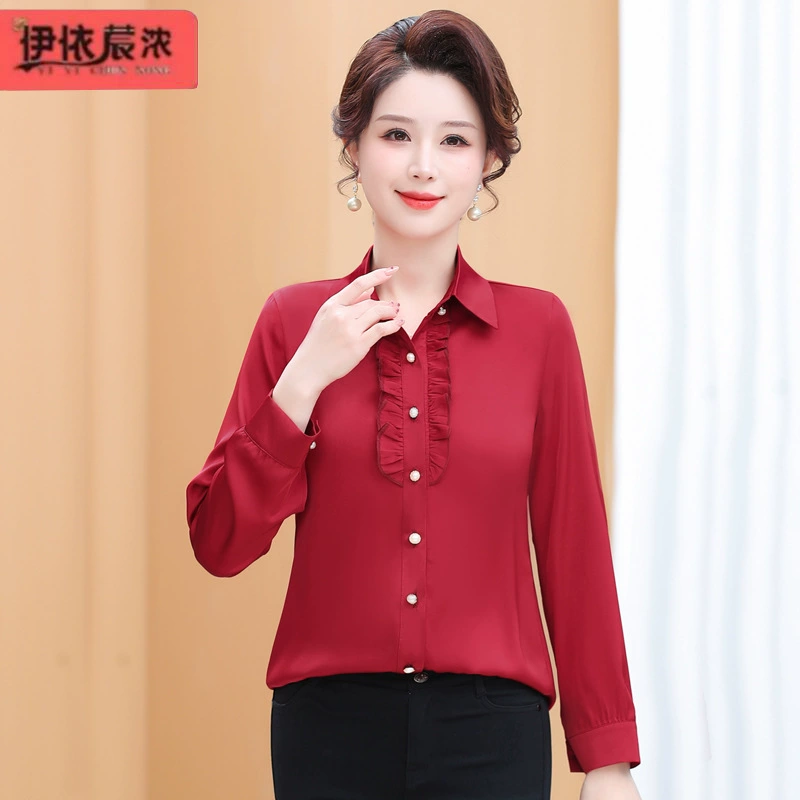 Весна 2024 года, новая маминая футболка с лацканами и длинными рукавами, топ для 50-летних женщин среднего и пожилого возраста, крутая рубашка с драпировкой