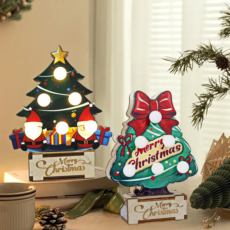Mini árbol de Navidad de madera, vacaciones navideñas, decoración de fiesta en el hogar, regalo, decoración de árbol pequeño luminoso de mesa