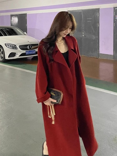 红色双面羊绒大衣女2023冬装新款韩版赫本风中长款毛呢大衣外套女