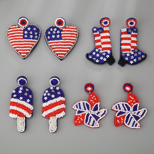 American Independence Day Fabric Bead Earrings with National Style, Handmade Heart-shaped Flag Sparkle Earrings, Wholesale
