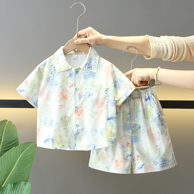 7951 Traje de manga corta de verano para niños Vestido de verano para niños 2025 Nuevo estilo Camisa de flores Ropa Traje de dos piezas de verano para bebés