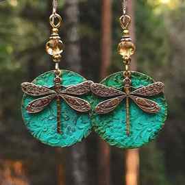 素馨跨境欧美时尚复古青铜抹绿色蜻蜓民族风简约款耳环