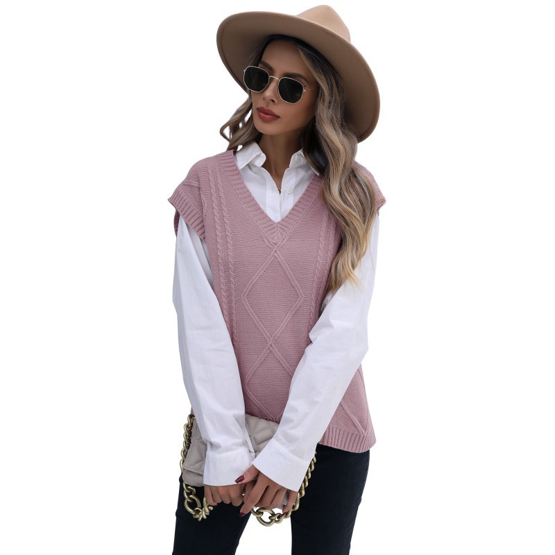 Gilet tricoté sans manches torsadé de couleur unie pour femme, mode début d'automne_voghion.com