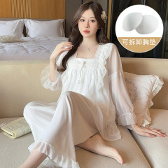2025年春秋新作 長袖パジャマ レディース レース 胸パッド付き 甘いプリンセス風 ゆったりホームウェアセット
