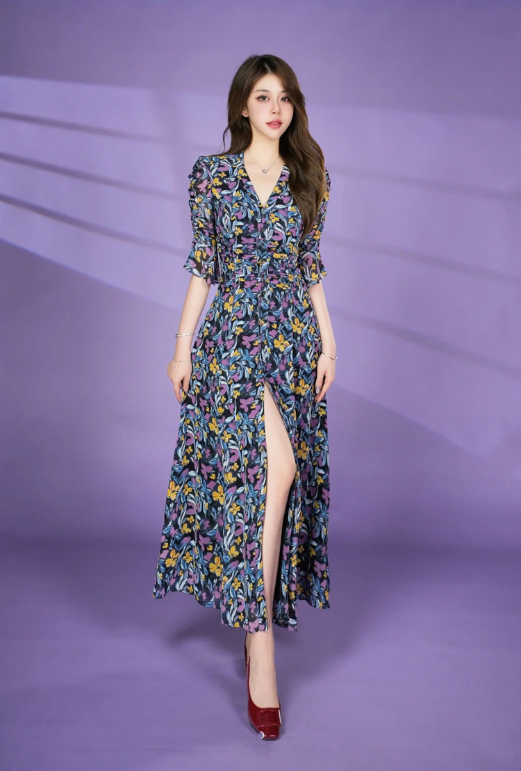 Đầm maxi nữ thắt eo họa tiết hoa nhí kiểu Pháp — Hồng anh đào mộng mơ chi tiết 10