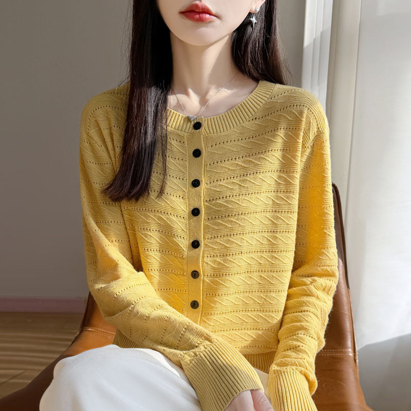 High-End 2026 Spring New Skin-Friendly Hollow-Out Women's Cardigan, Loose and Versatile Fine-Spun Wool Knit Long-Sleeve Top