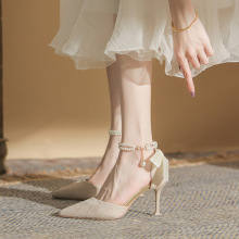 包头凉鞋女2023年夏季新款尖头细跟高跟鞋仙女风罗马珍珠时装单鞋