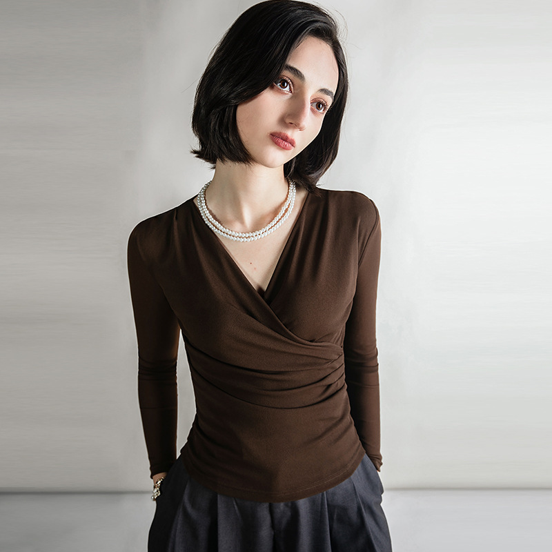2024 Spring New Style Cross V Neck Long-Sleeved Tops with Bottoming Shirts, Mesh Shirts, Fashionable European Goods 2024 Spring New Style Cross V Neck Long-Sleeved Tops with Bottoming Shirts, Mesh Shirts, Fashionable European Goods