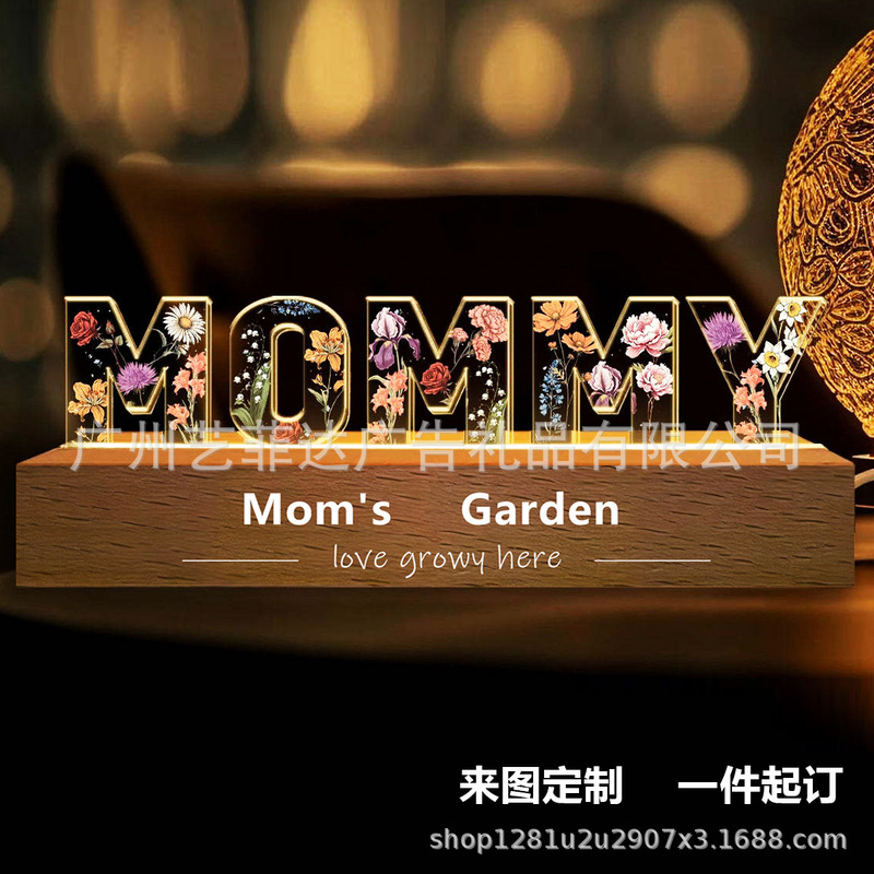 Cross-Border Personalized Photo Led Letter Night Light Customized Transparent Acrylic Mother's Day Wooden Base Table Lamp