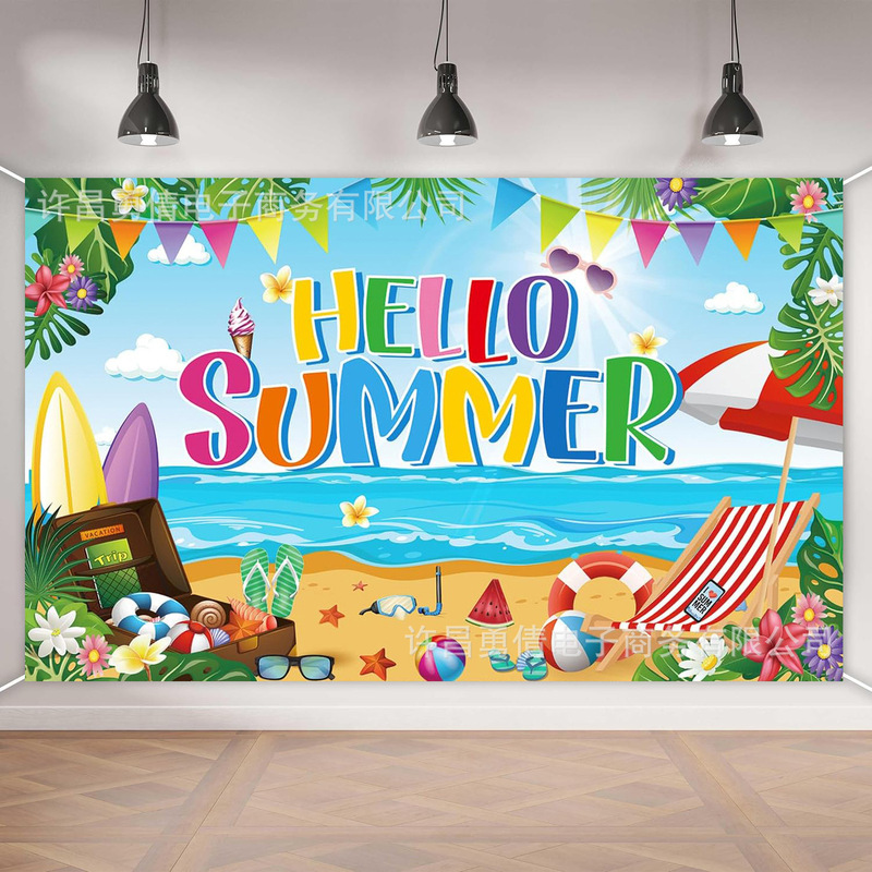 Foreign trade Amazon manufacturers new Hawaiian waves beach background summer party decoration photo banner hanging cloth