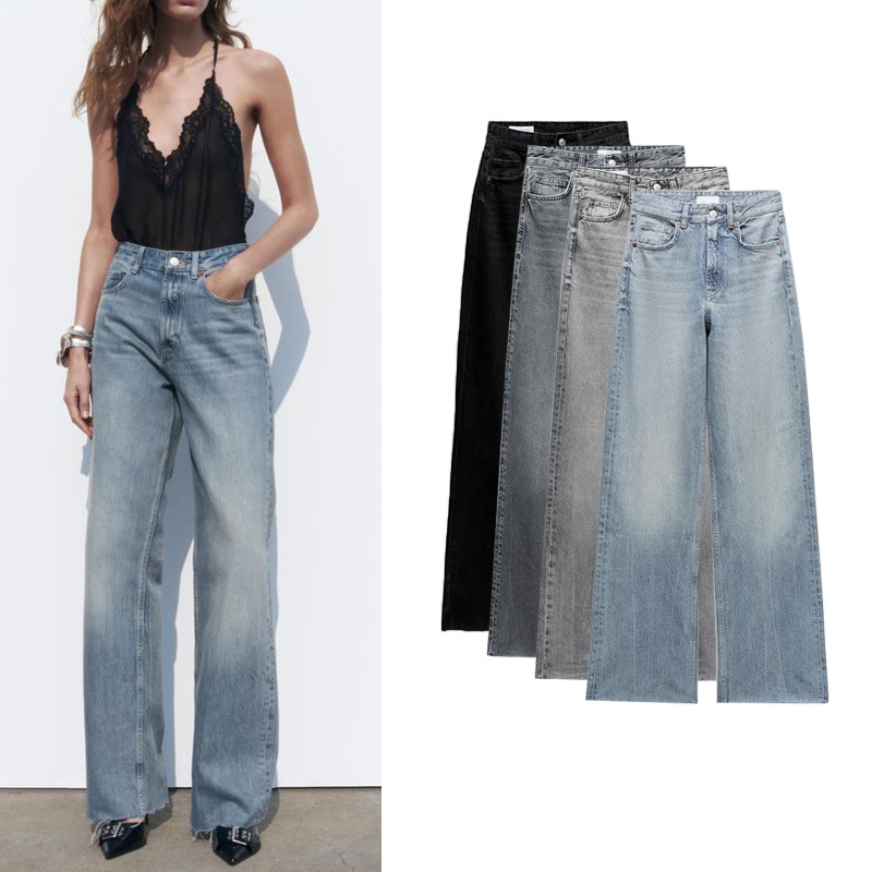 ZA Spring and Summer New Boyfriend Style Loose Slimming Casual Straight Pants High Waist Wide Leg Jeans 6045022