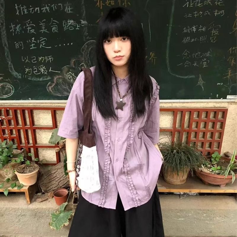 Japanese Retro Purple Ruffled Short-Sleeve Shirt for Women 2025 Summer New Loose Thin Versatile Blouse Top Japanese Retro Purple Ruffled Short-Sleeve Shirt for Women 2025 Summer New Loose Thin Versatile Blouse Top