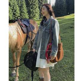 大婉酱微胖定-制高密棉牛仔秋百搭牛仔翻领做旧长短款外套