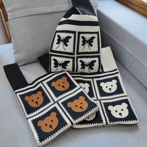 Korean ins bag bear bag knitted bag original niche personality tote bag open trend women's bag